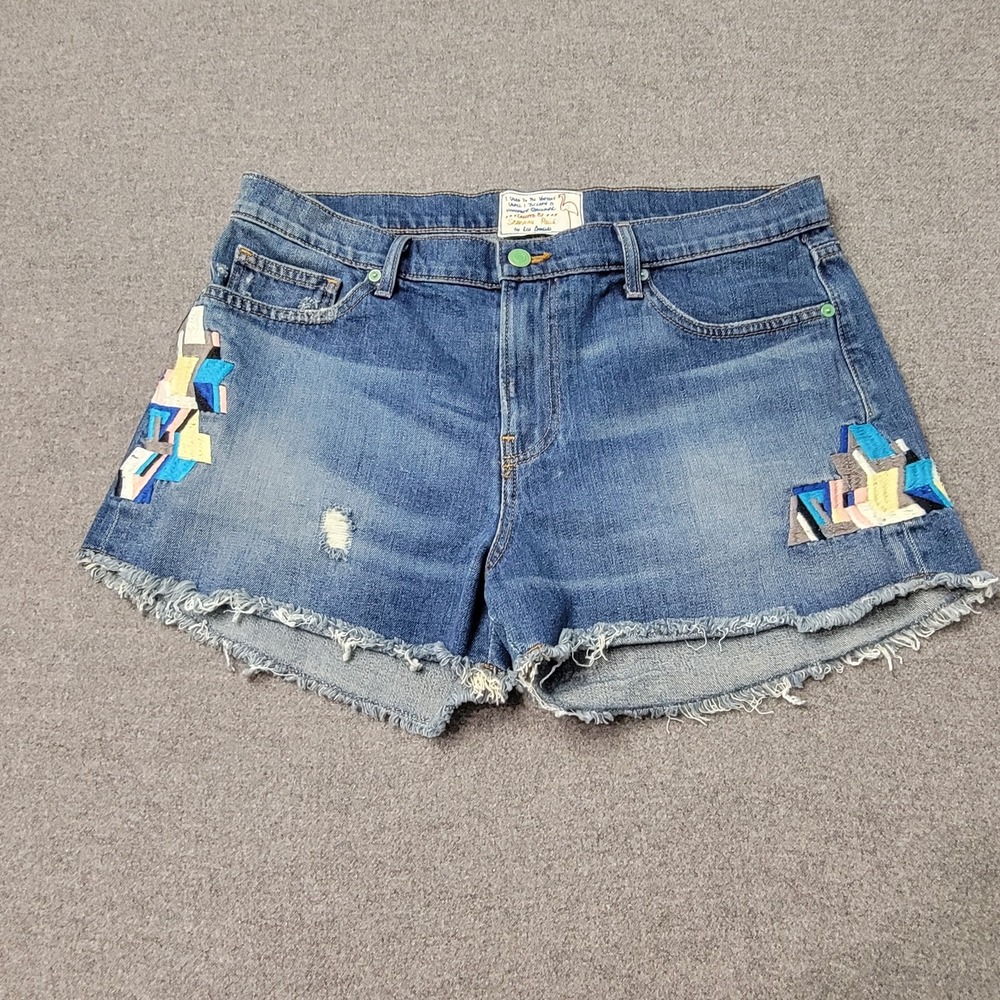 Sandrine Rose Upcycled Shorts Womens 30 Blue Denim Embroidered Handmade USA